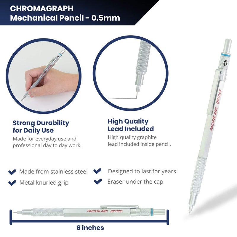 Pacific Arc Chromagraph Metal Mechanical Pencil .5 mm Silver Barrel Mechanical Pencil with Built In Lead Pencil Grade Indicator, Lead Pencil Holder for Drafting, Sketching, and Drawing - Image 2